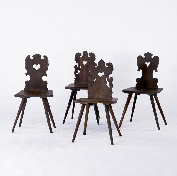 Appraisal: FOUR ENGLISH CRICKET CHAIRS Heart cutouts in back th C