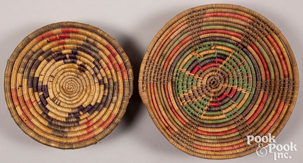 Appraisal: Two Hopi Indian polychromed coiled baskets Two Hopi Indian polychromed