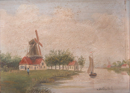 Appraisal: Rural Continental Landscape with Windmill and River attributed to Wilhelmina-Francisca