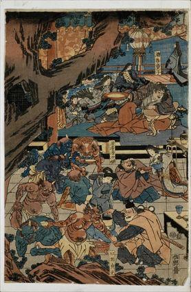 Appraisal: JAPANESE WOODBLOCK TRYPTYCH Showing a continuous scene of a noble