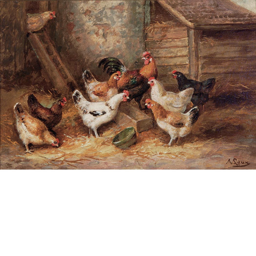 Appraisal: August Laux American - Chickens in a Farmyard Signed A