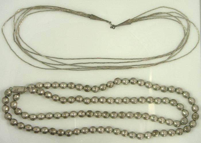 Appraisal: Sterling beaded necklace with a row tubular beaded silver necklace