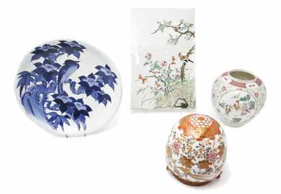 Appraisal: Four Porcelain Articles comprising a famille rose Chinese plaque having