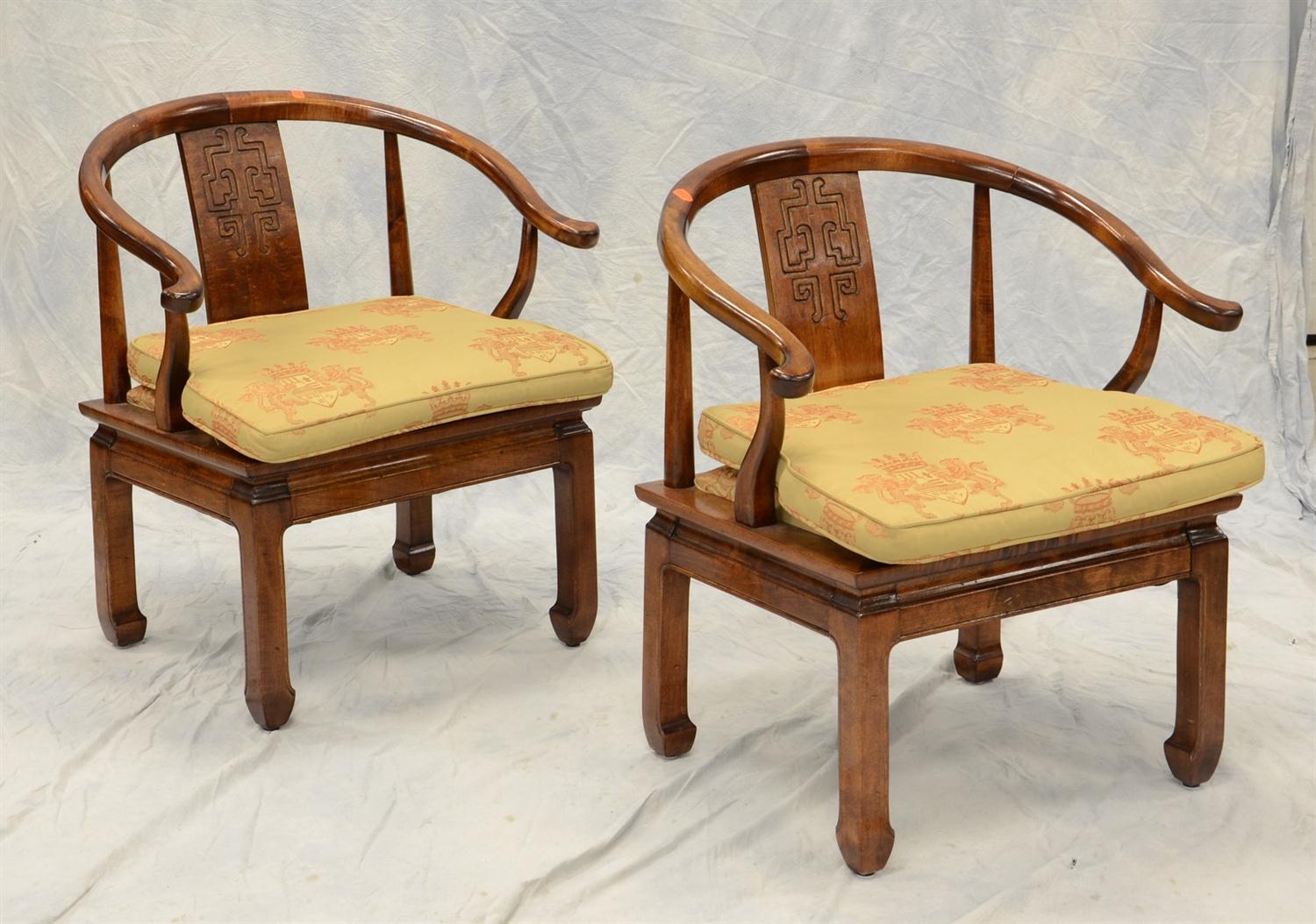 Appraisal: Pr Chinese style armchairs loose silk cushions on seat with