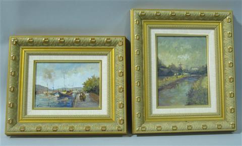 Appraisal: MIRANDA PAIR OF HARBOR SCENES Oil on panel x in