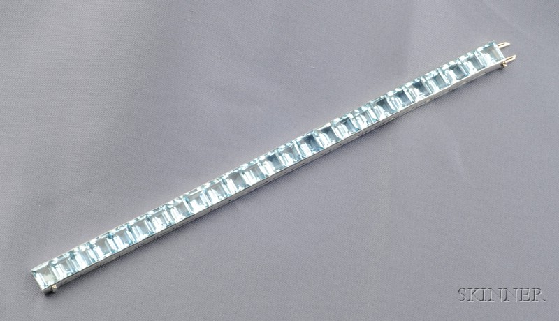 Appraisal: Platinum and Aquamarine Bracelet Cartier c channel set with rectangular