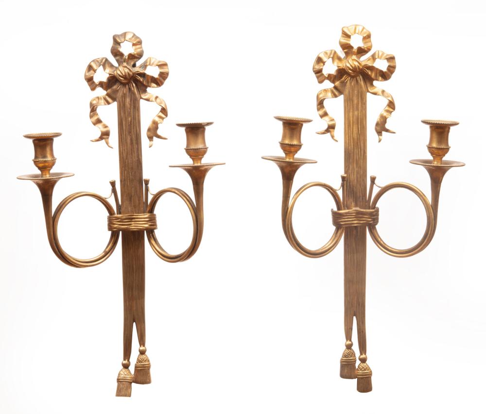 Appraisal: Antique French Bronze Two-Light Sconces bowknot and tassel backplate French