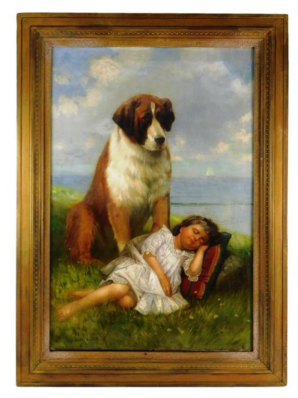 Appraisal: Oil on canvas th C depicts St Bernard guarding sleeping