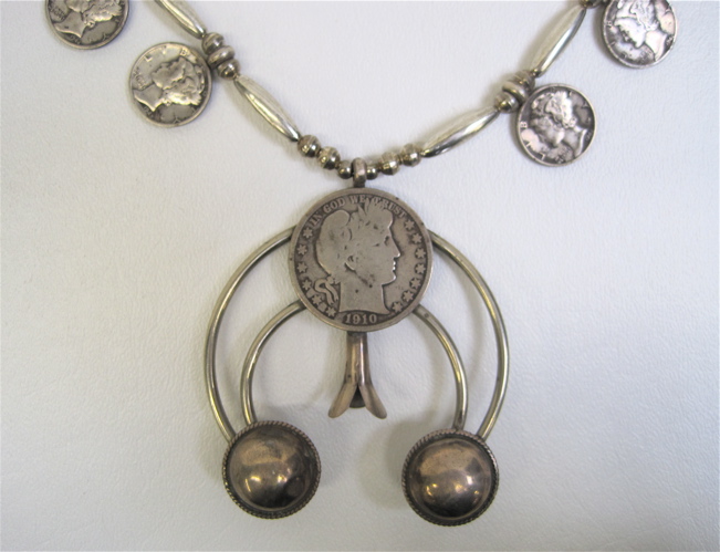 Appraisal: SILVER AND TURQUOISE NECKLACE with ten U S Mercury dimes