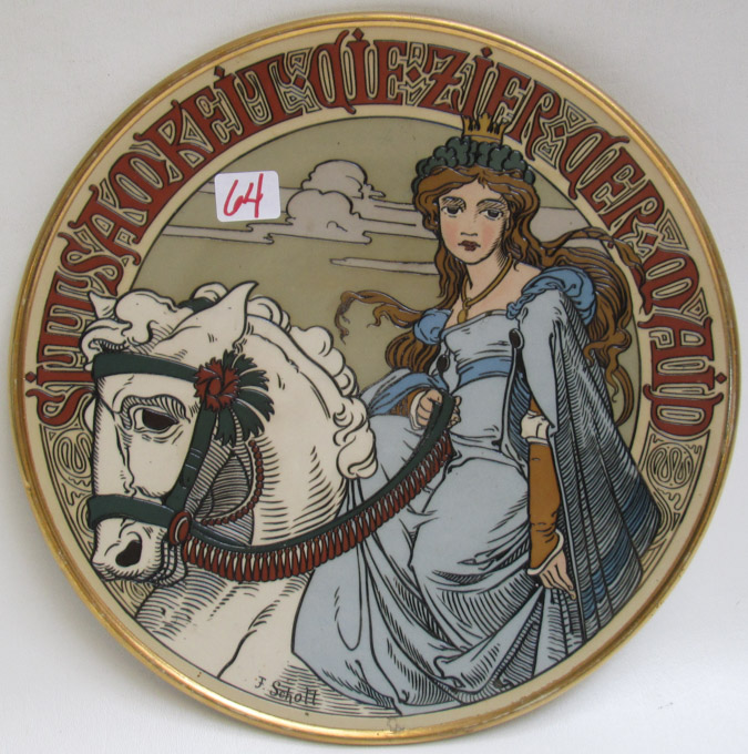 Appraisal: METTLACH ETCHED POTTERY PLAQUE Maiden on White Horse inscribed Sittsmkeit