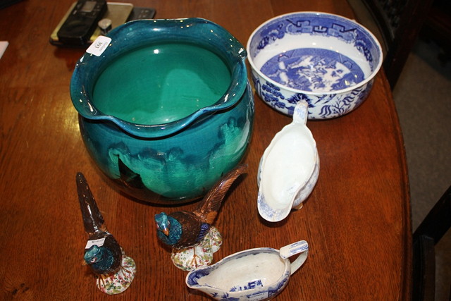 Appraisal: A TURQUOISE JARDINIERE two blue pottery sauce boats a pair