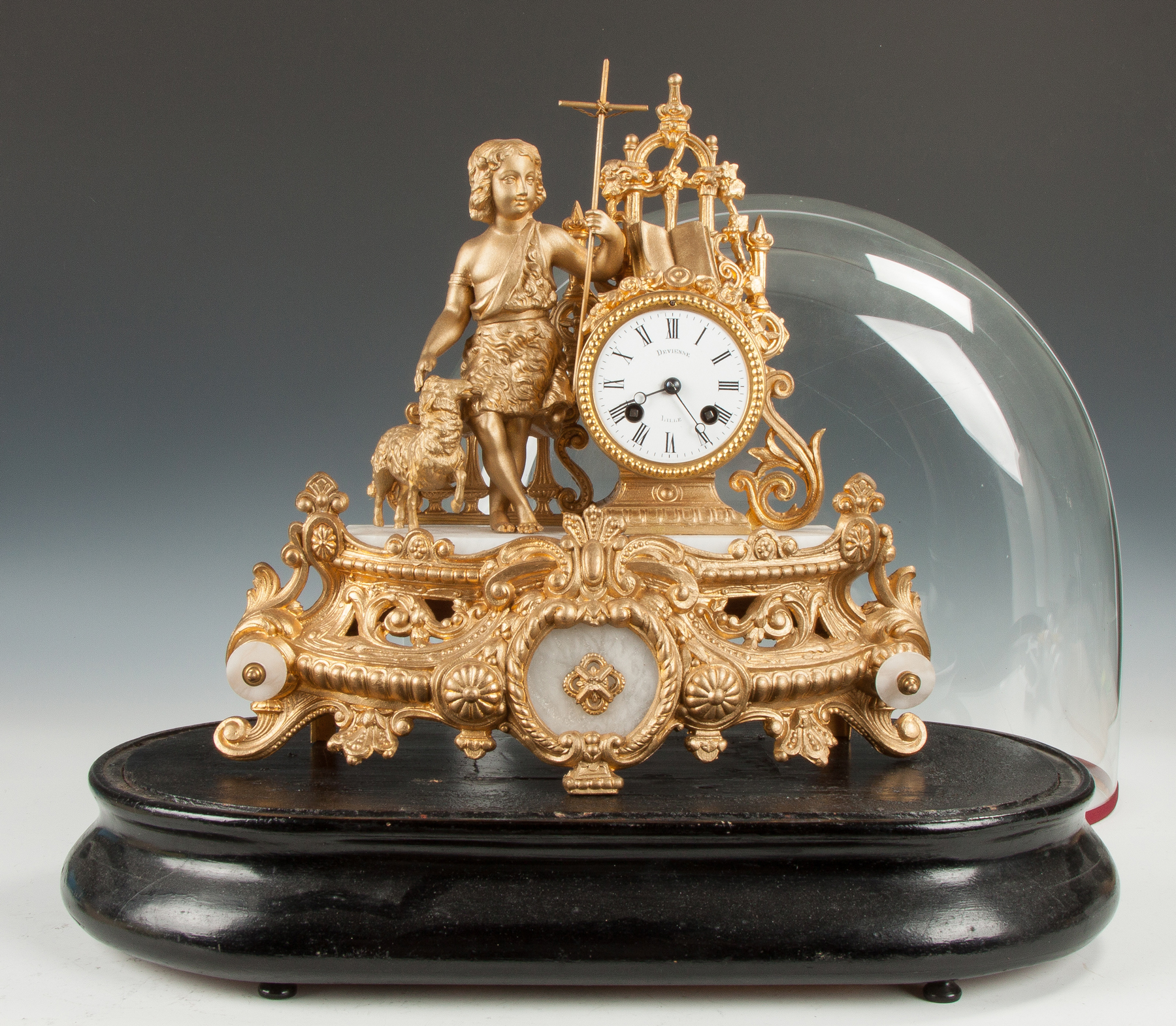 Appraisal: Devienne Lille French Patinaed Brass Onyx Alabaster Clock of a