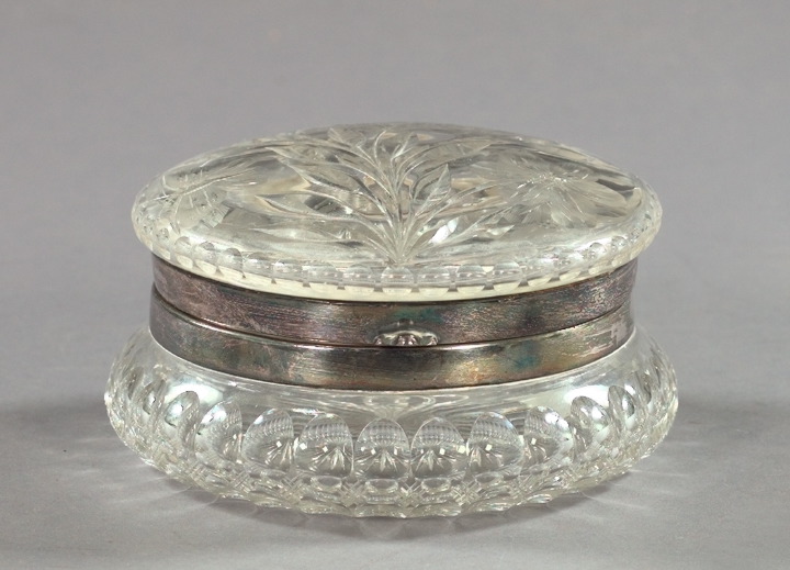 Appraisal: American Silverplate-Mounted Cut and Engraved Glass Circular Powder Box first