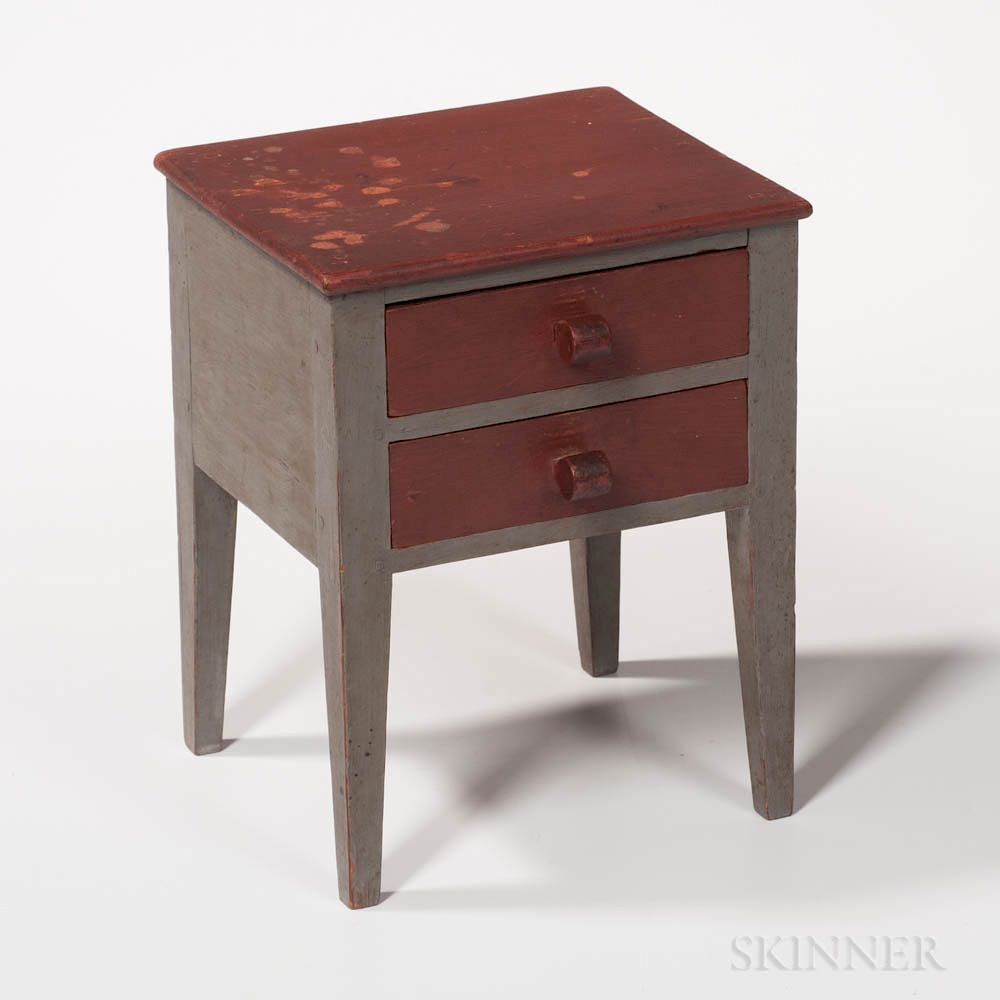 Appraisal: Miniature Red- and Gray-painted Two-drawer Stand Miniature Red- and Gray-painted