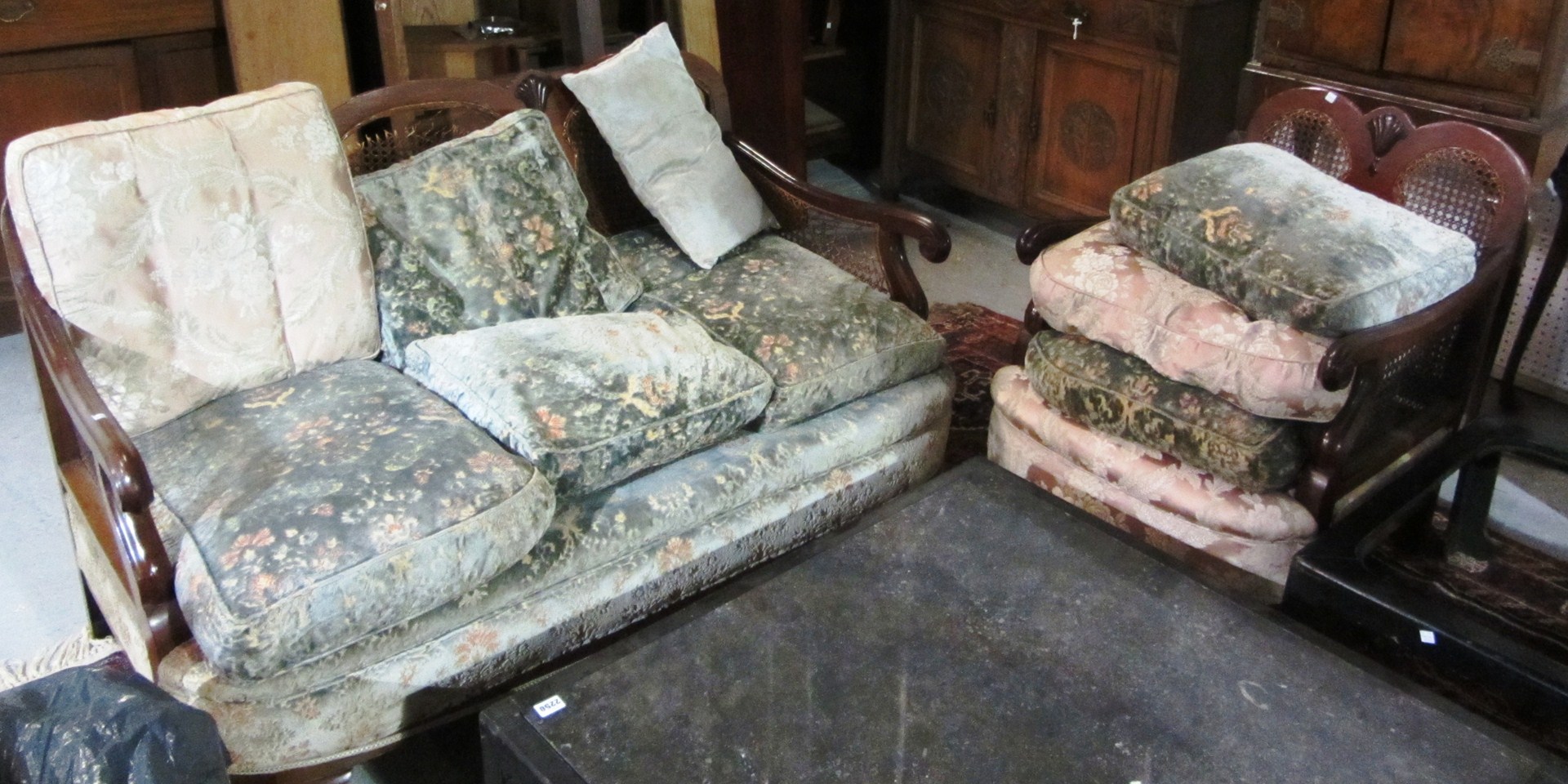 Appraisal: A th century mahogany framed three piece bergere suite