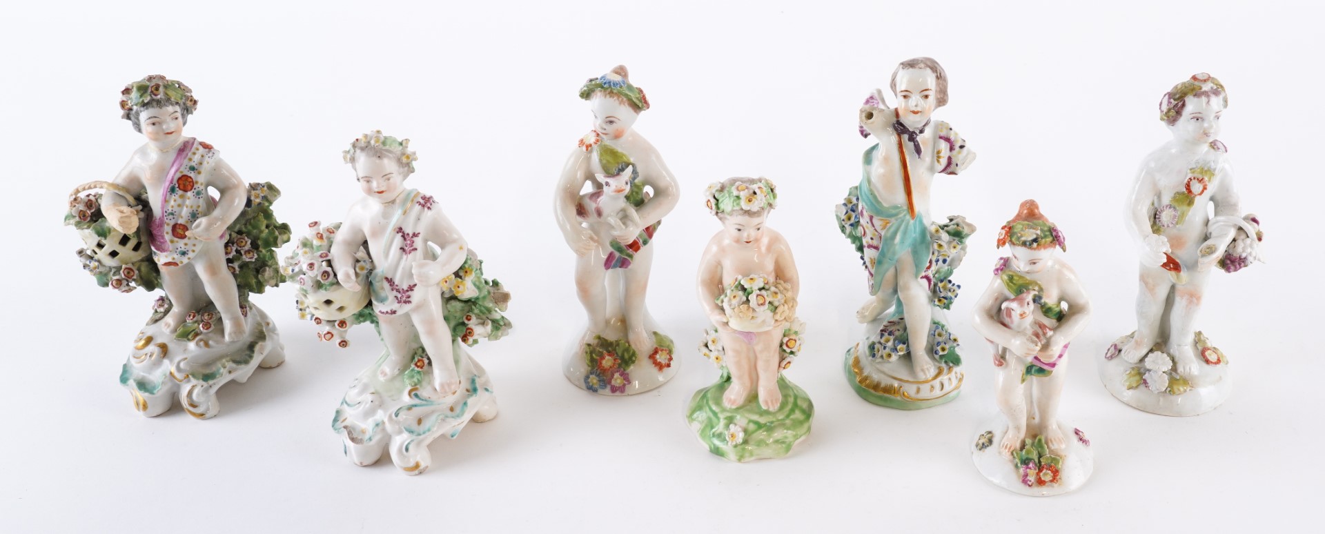 Appraisal: SEVEN BOW AND DERBY FIGURES OF PUTTI Circa - Including