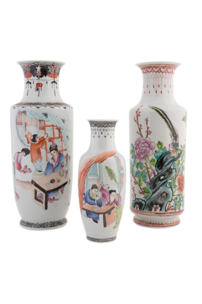 Appraisal: THREE CHINESE FAMILLE ROSE BALUSTER VASES Three Chinese Famille Rose