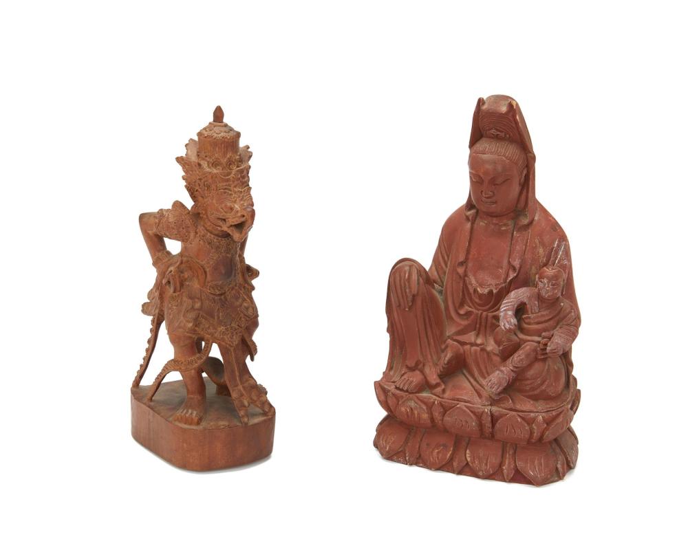 Appraisal: Two Asian carved wood figures th Century Comprising a Chinese