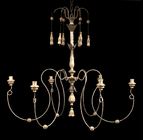 Appraisal: Italian Provincial Metal-Mounted Giltwood and Wrought-Iron Six-Light Chandelier partially composed