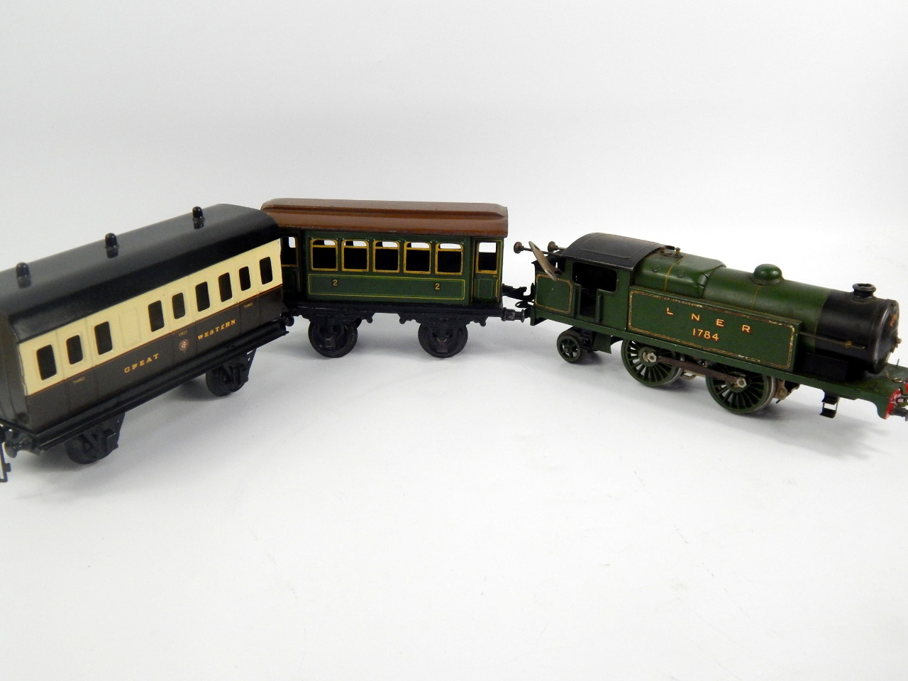 Appraisal: A Hornby clockwork LNER locomotive with a Bachmann carriage and