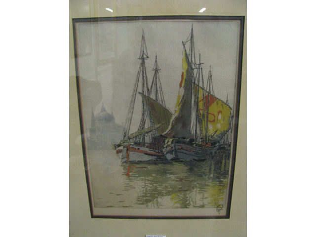 Appraisal: Drypoint Etching Harbor Scene signed illegibly Boston framer x