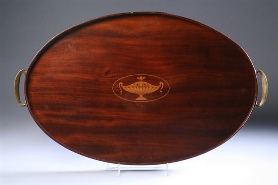 Appraisal: GEORGE III INLAID MAHOGANY SERVING TRAY Circa Oval with brass