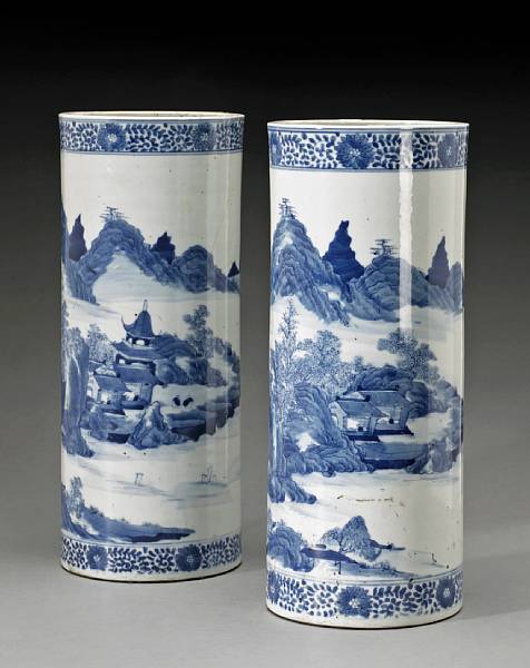 Appraisal: A pair of blue and white porcelain cylindrical vases Qianlong