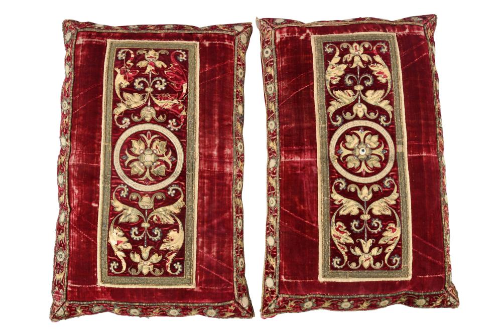 Appraisal: PAIR OF RED VELVET SILK THROW PILLOWSeach embroidered with gold