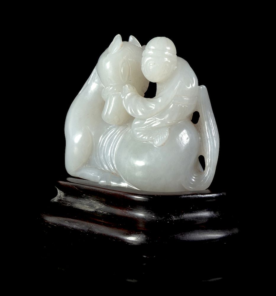 Appraisal: A Pale Grey Jade Horse and Groom Group Length in