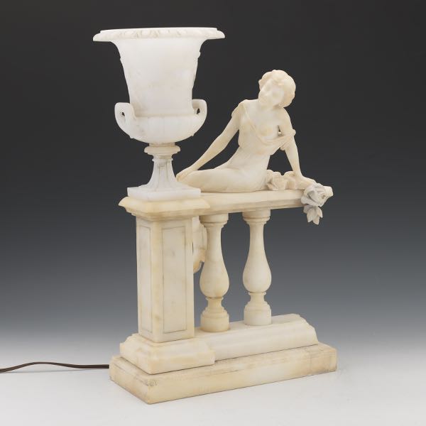 Appraisal: ALABASTER LAMP DEPICTING A WOMAN SEATED ON A BALUSTER RAILING