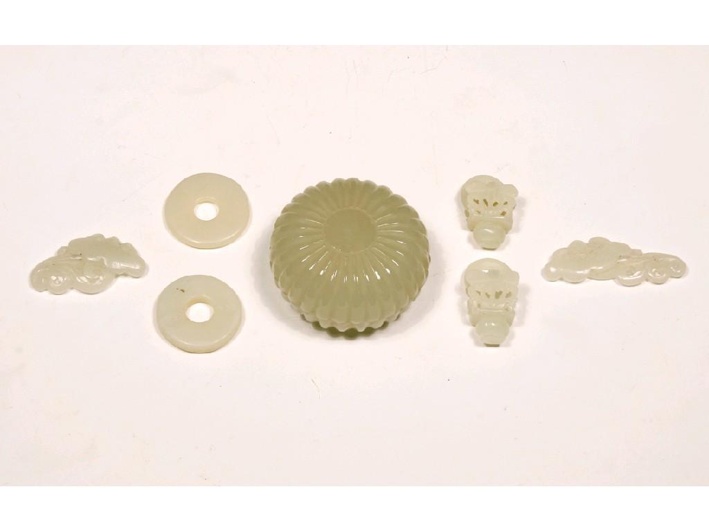 Appraisal: SIX SMALL PALE CELADON JADE CARVINGS Two of scrolling foliage