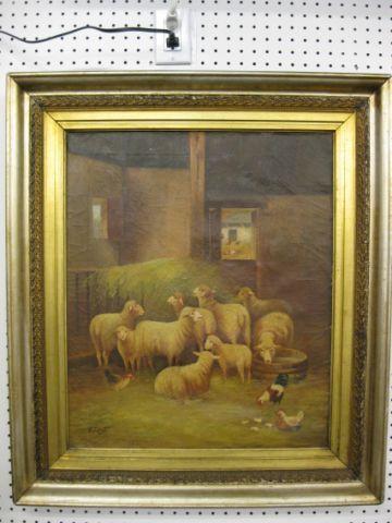 Appraisal: W J Gruft Oil on Canvas barn scene with sheep