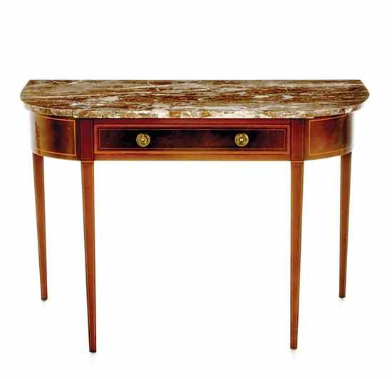 Appraisal: English marbletop inlaid mahogany console table late th century in