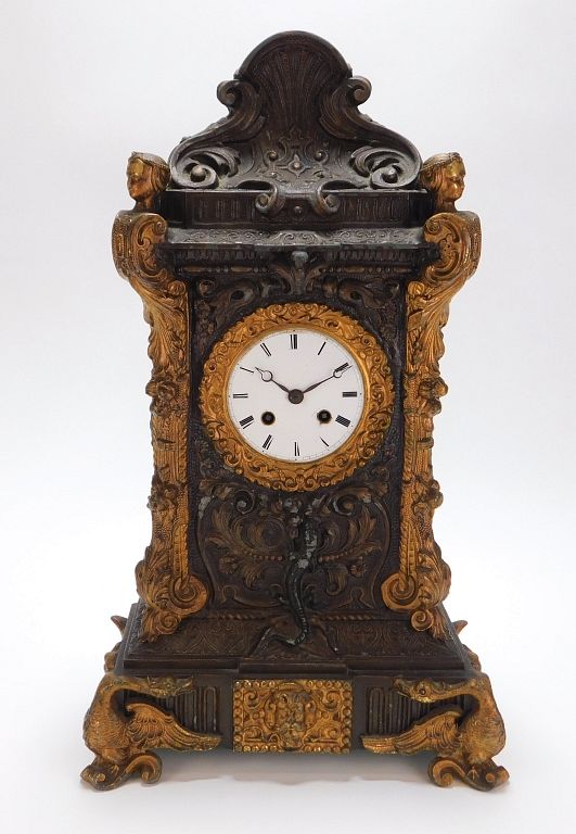 Appraisal: Cast Iron Gilded Metal Mantel Clock Germany Late th-Early th