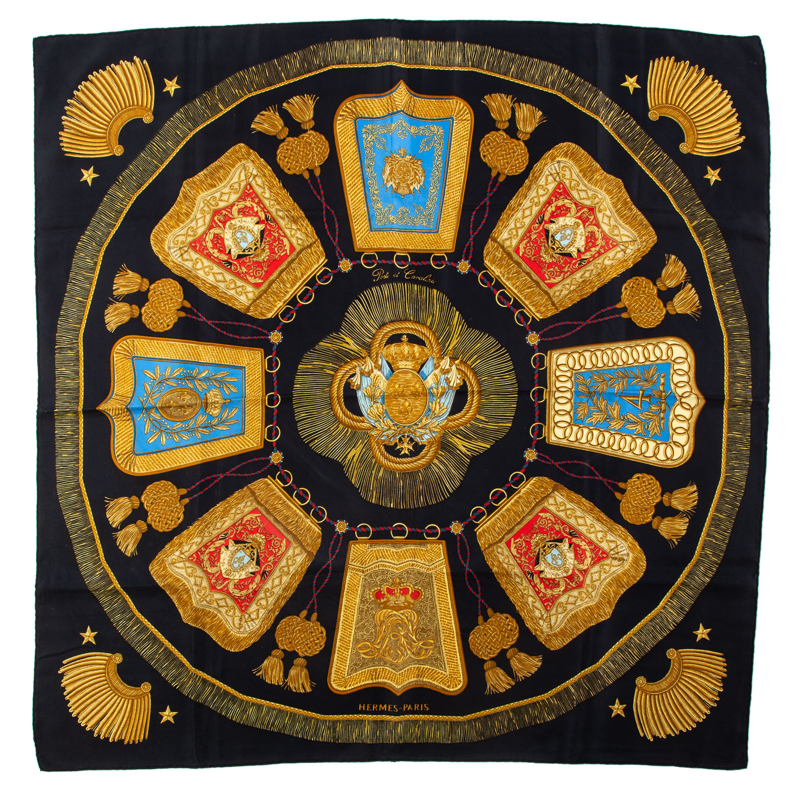 Appraisal: AN HERMES POSTE ET CAVALERIE SCARF Black and multicolor Hermes