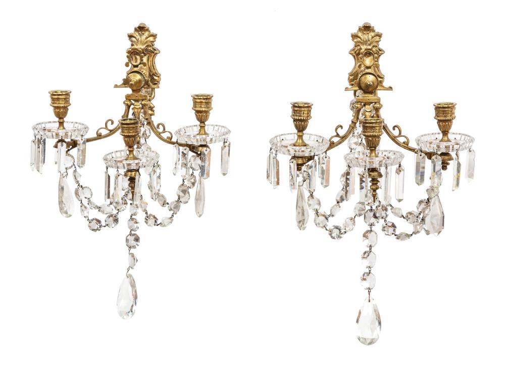 Appraisal: Pair of Bronze-Mounted Baccarat Crystal Three-Light Sconces early th c