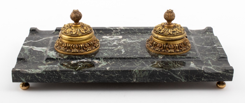 Appraisal: MARBLE AND GILDED METAL DESK SET Marble and gilded bronze