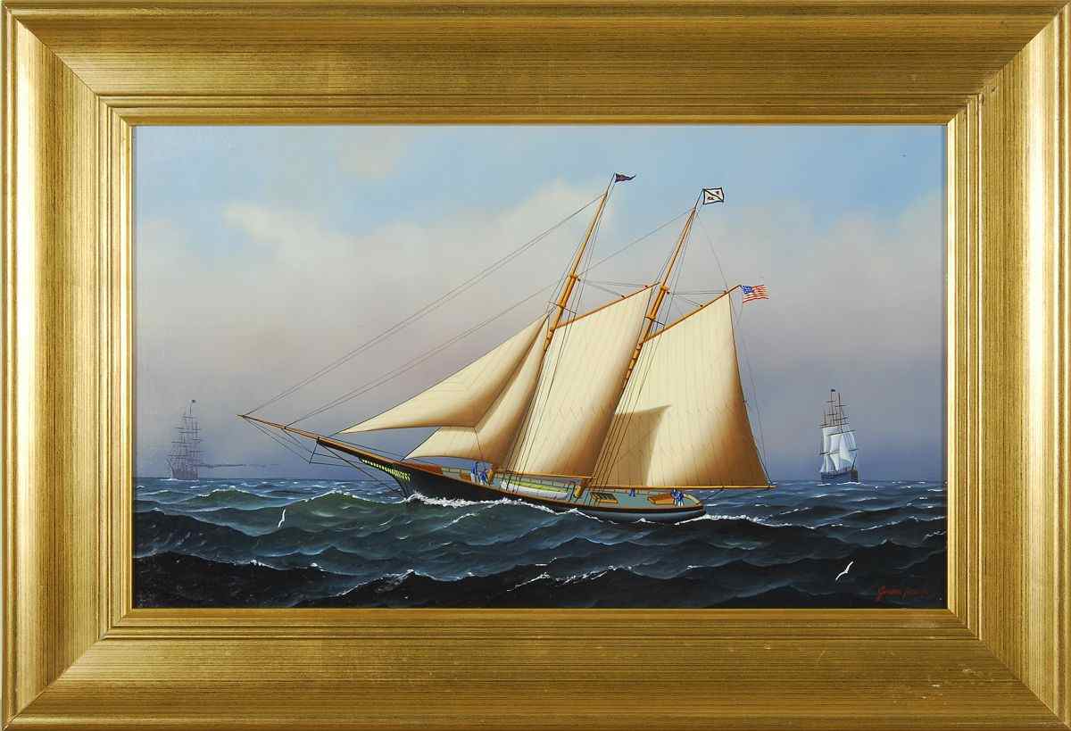 Appraisal: JEROME HOWESAmerican b Two-masted schooner under full sail with two