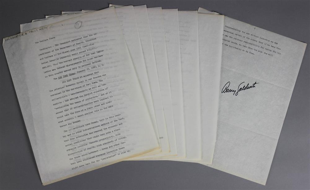 Appraisal: GOLDWATER BARRY DOCUMENT SIGNED typed document signed Barry Goldwater in