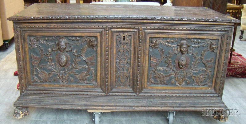 Appraisal: Italian Renaissance-style Painted Carved Hardwood Cassone with Paw Feet ht