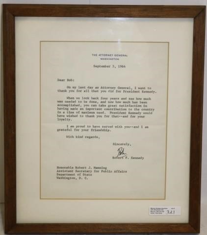 Appraisal: ROBERT F KENNEDY ATTORNEY GENERAL OF U S SIGNED LETTER