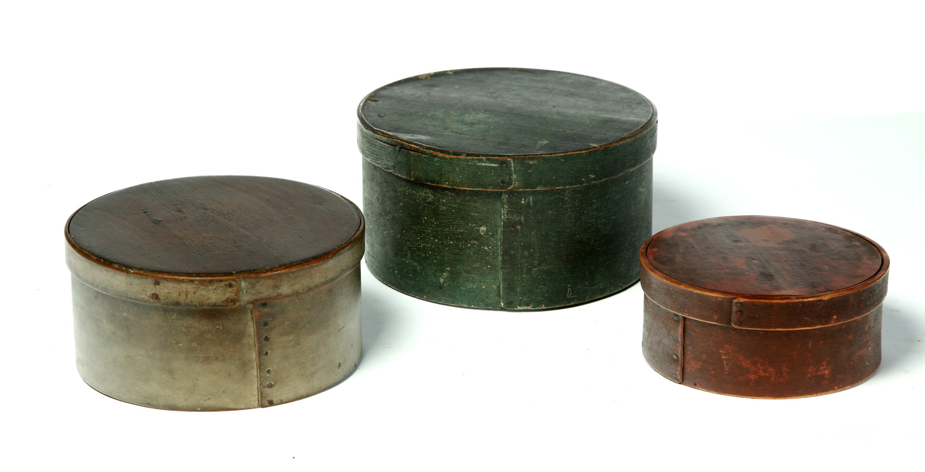 Appraisal: THREE AMERICAN PANTRY BOXES Second half- th century Round bentwood