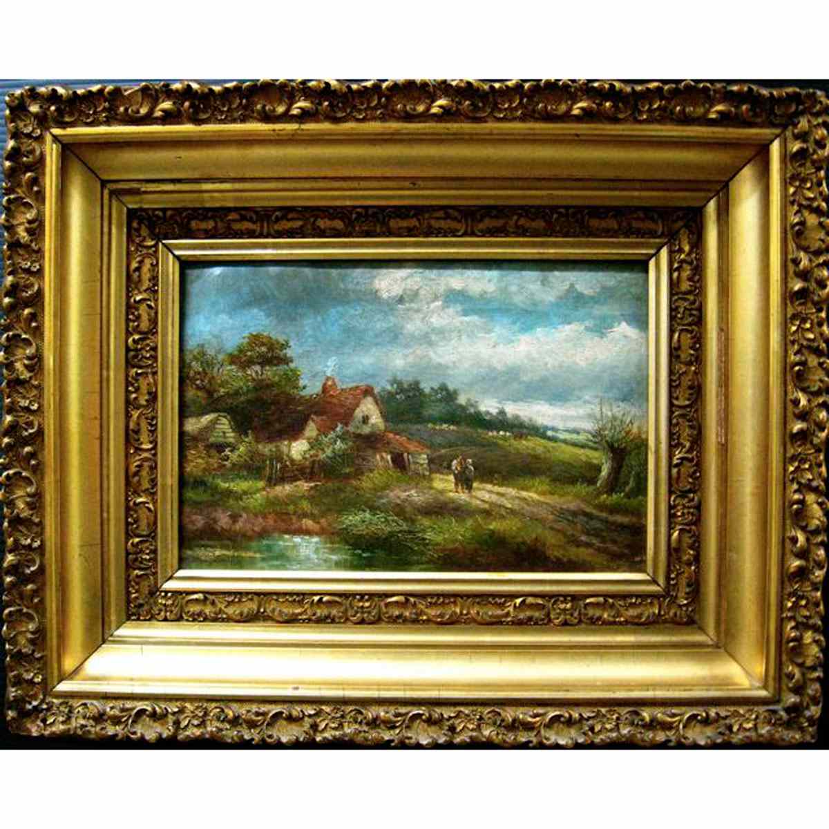 Appraisal: TH CENTURY BRITISH COUPLE WALKING BY FARMHOUSE AND POND OIL