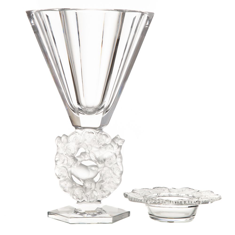 Appraisal: Lalique Messanges vase and bottle coaster vase with conical bowl