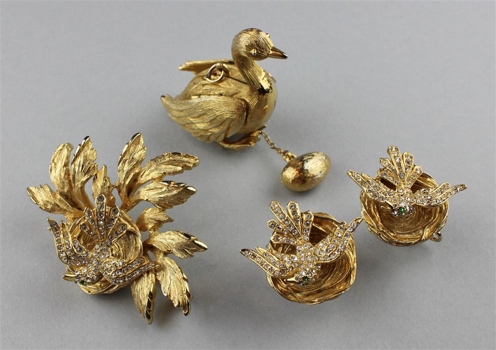 Appraisal: MIRIAM HASKELLTREMBLANT BROOCH AND MATCHING EARRINGS WITH A GOLDEN GOOSE