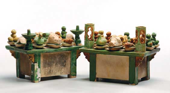 Appraisal: PAIR MING SANCAI ALTAR TABLES Pair Chinese Ming Dynasty sancai