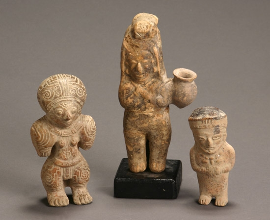 Appraisal: Three Ecuadorian Carved Pottery Figural Rattles and Vessel Possibly Manabi