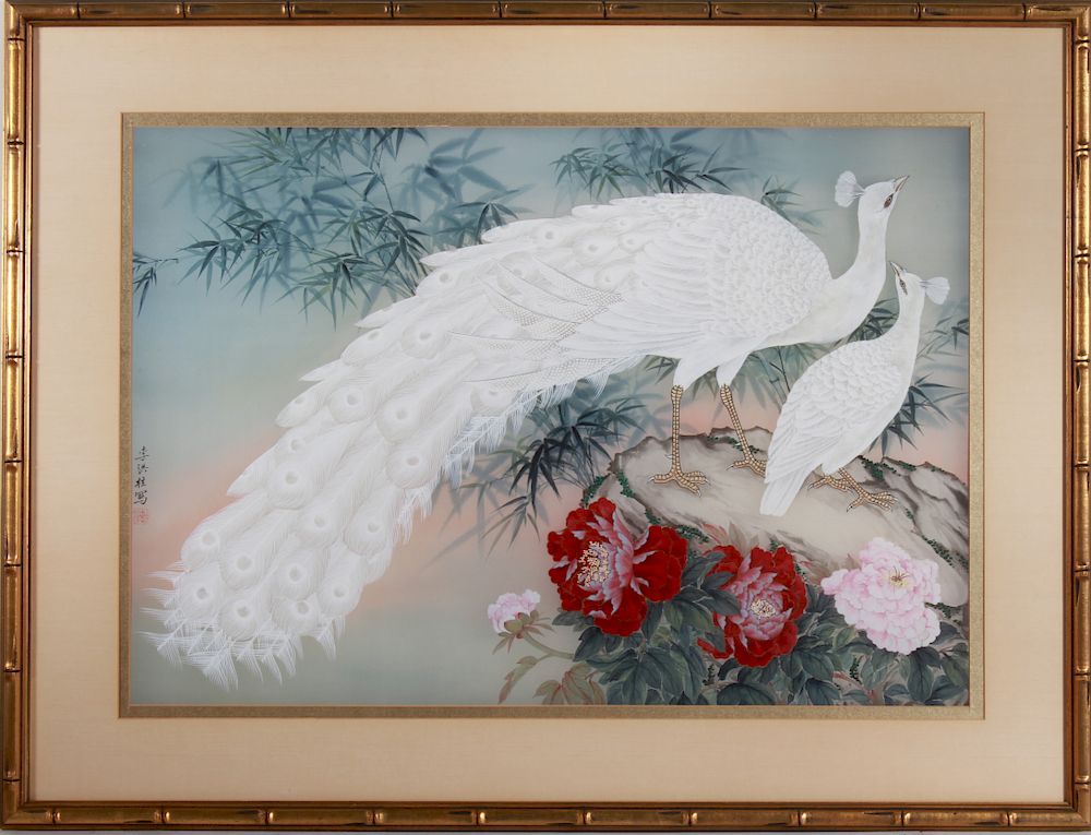 Appraisal: Chinese School White Peacock Gouache on Silk Chinese School gouache