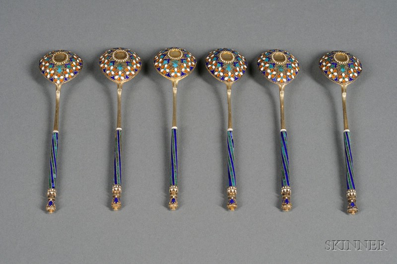 Appraisal: Set of Six Russian Gold-washed Silver and Enamel Teaspoons Moscow