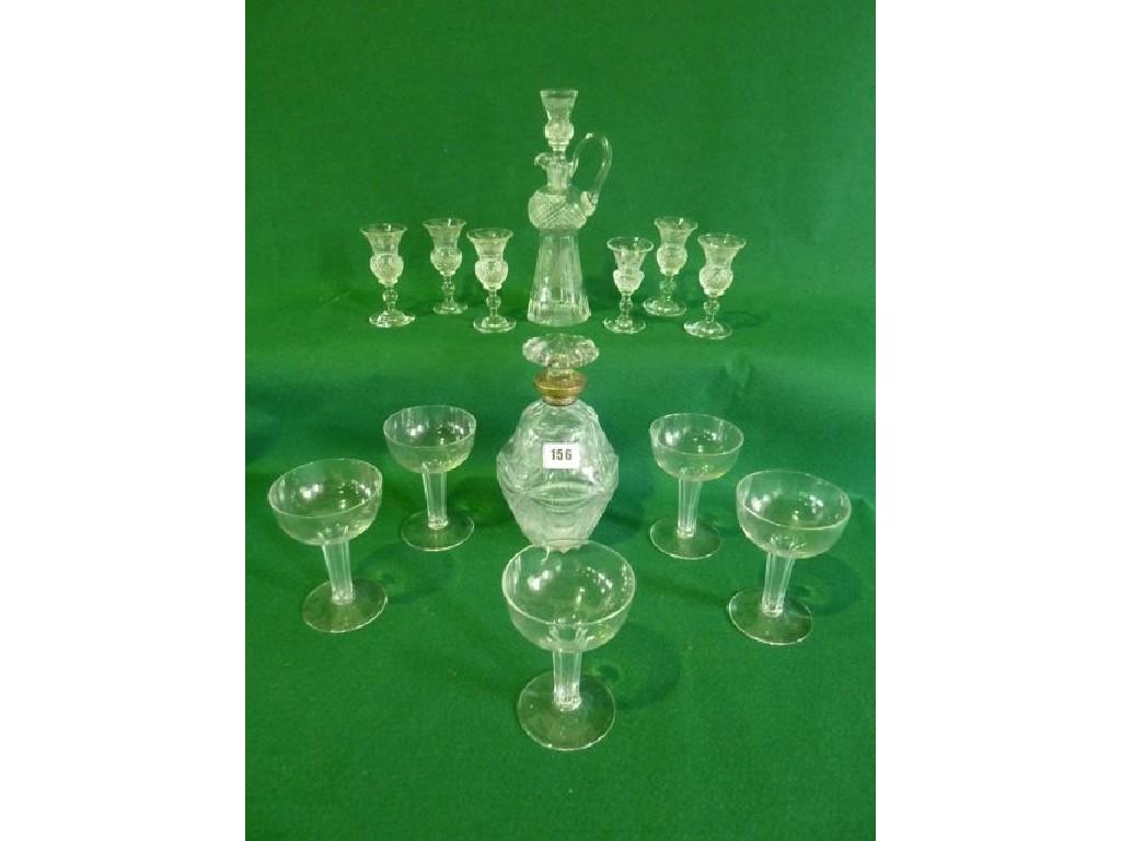 Appraisal: A thistle pattern decanter together with six matching glasses five